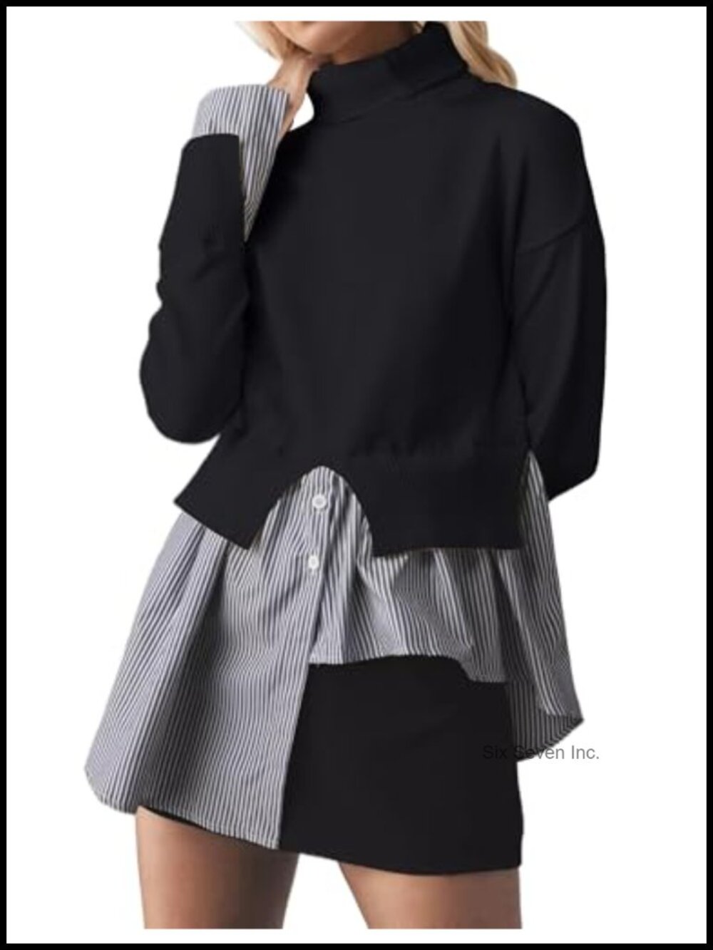 Asymmetrical Hem Turtleneck Pullover Sweater - Knit Button-Down Top